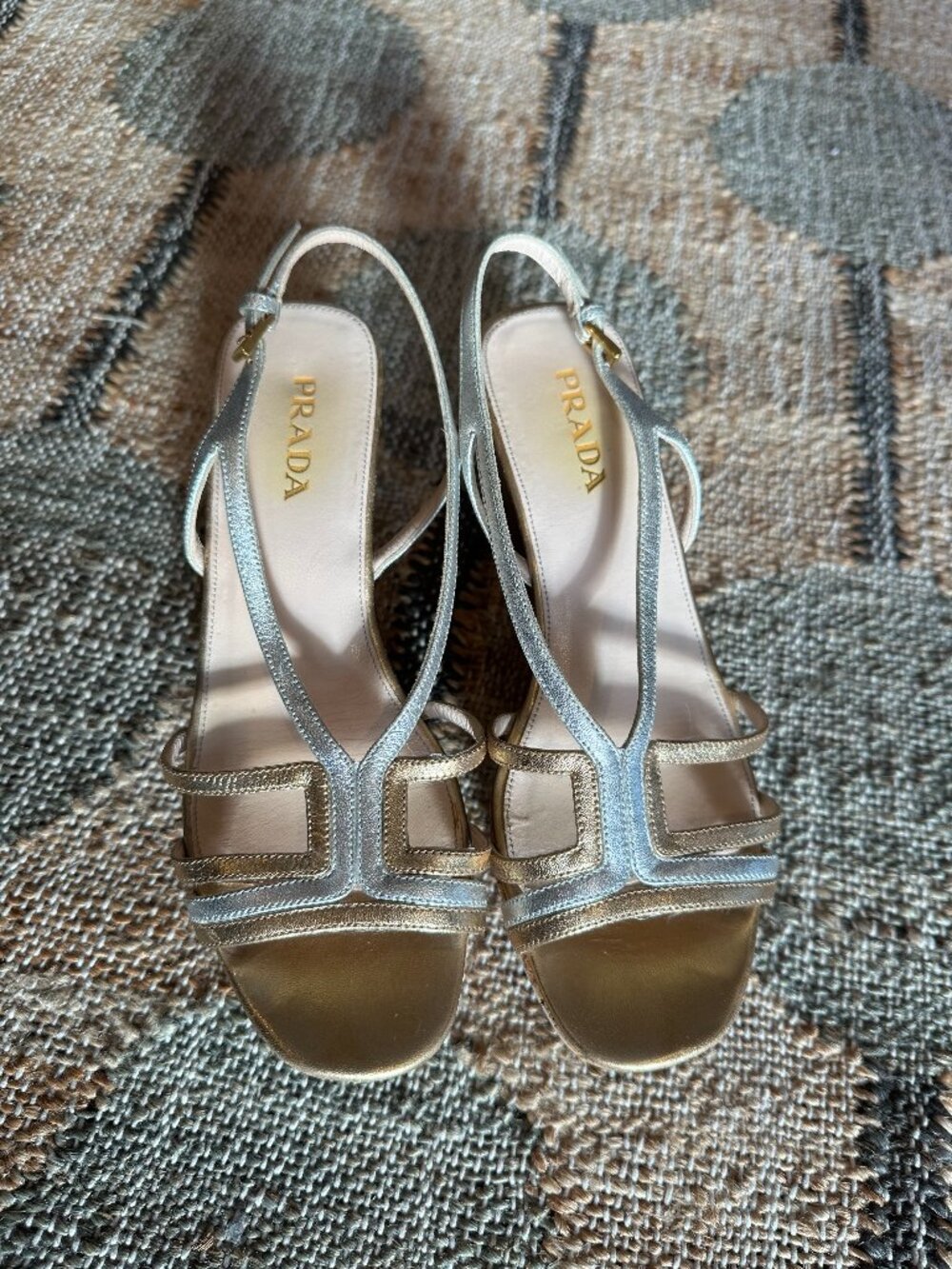 Prada women's metallic open toe platform wedges size 37